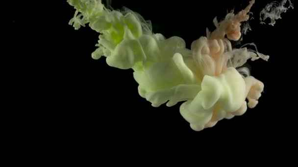 Σταγόνα χρώμα υποβρύχια δημιουργώντας ένα υφασματεμποριών μεταξιού. Μελάνι στροβιλίζονται υποβρύχια — Αρχείο Βίντεο