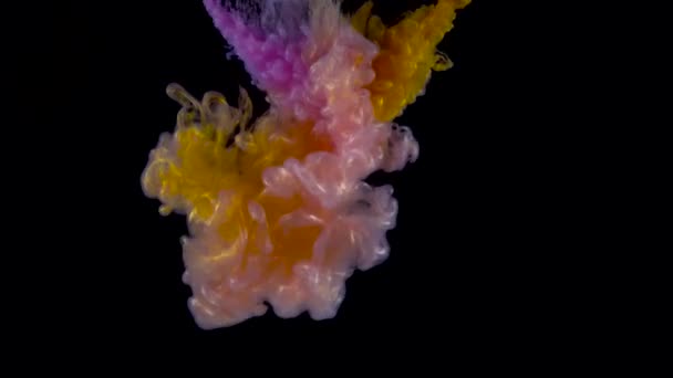 Farbtropfen unter Wasser, wodurch eine Seidendrapierung entsteht. Tinte wirbelt unter Wasser — Stockvideo