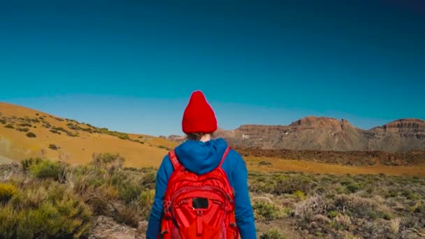 Активная туристка, путешествующая по Национальному парку Тейде. Кавказская девушка с рюкзаком на Тенерифе, Канарские острова, Испания — стоковое видео