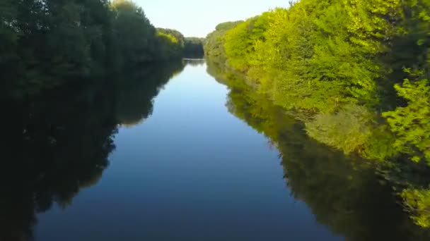 Lot nad spokojnej rzeki, pośród zielonych drzew o zachodzie słońca — Wideo stockowe