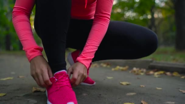 Běžecké boty - žena vázání tkaničky a běh přes podzimní park při západu slunce — Stock video