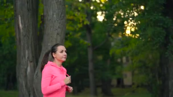 Zbliżenie kobieta działa przez jesienny park o zachodzie słońca — Wideo stockowe