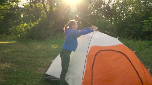 Vrouw zet een toeristische tent in het bos bij zonsondergang — Stockvideo