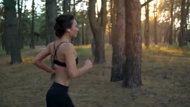 Женщина в наушниках бежит по осеннему лесу на закате — стоковое видео