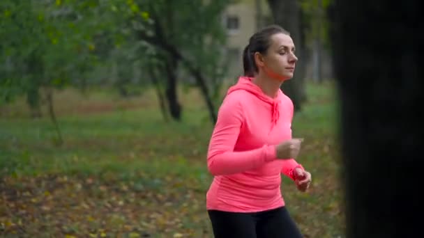 Primer plano de una mujer corriendo por un parque de otoño al atardecer. Movimiento lento — Vídeos de Stock