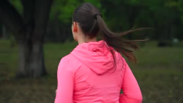 Close up of woman running through an autumn park at sunset. View from the back — Stock Video