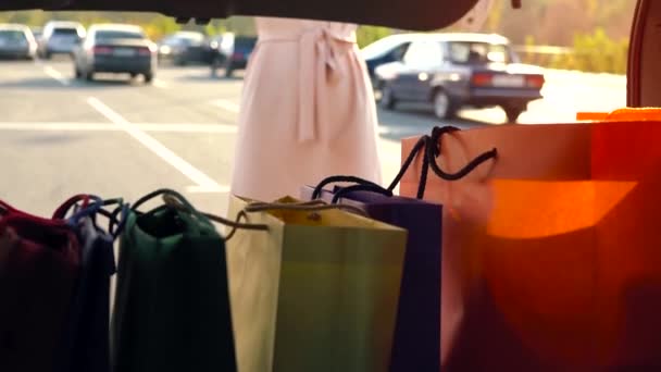 Hermosa chica recoge bolsas de la compra del maletero del coche, lo cierra y se va — Vídeo de stock