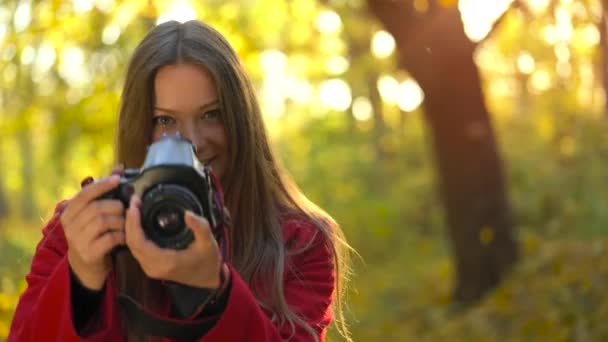 Bir fotoğraf makinesi ile güzel kız sonbahar Ormanda yürür ve fotoğraflar çekiyor. Hafta sonu şehir dışında — Stok video