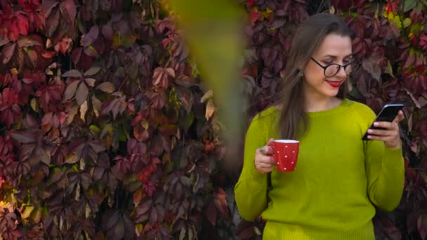 Femme avec des lunettes boit du thé ou du café à l'extérieur et utilise un smartphone par une chaude journée d'automne. Pause café — Video