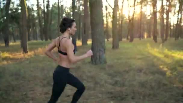 Primer plano de la mujer con auriculares corriendo a través de un bosque de otoño al atardecer — Vídeos de Stock