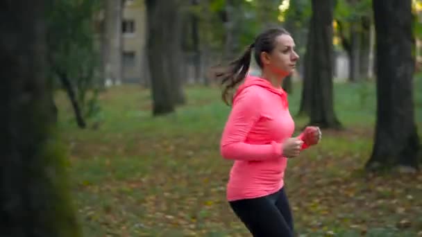 Primer plano de la mujer corriendo por un parque de otoño al atardecer — Vídeos de Stock