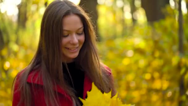 Hermosa chica camina en el bosque de otoño y disfruta del buen tiempo — Vídeos de Stock