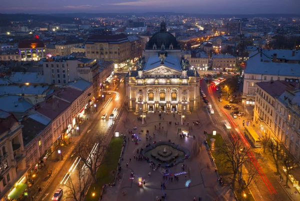 Lviv Ukrayna Nın Tarihi Merkezinde Gece Hava Görünümünü Unesco Kültür — Stok fotoğraf