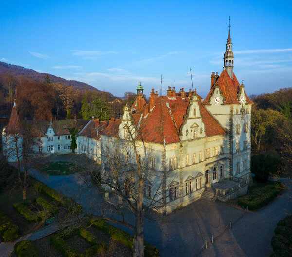 Aerial view of Beregvar Castle, residence and hunting house of the counts Schonborn. Mukachevo district, Transcarpathian region, Ukraine