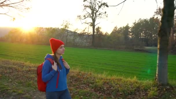 Vrouw reiziger met een rugzak wandelingen op de weg op het platteland en het omliggende landschap bewondert — Stockvideo