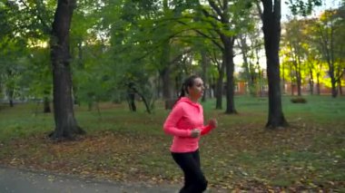 Bir sonbahar parktan günbatımında çalışan kadının kapatın. Ağır çekim