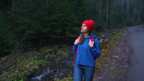 Donna viaggiatrice con uno zaino cammina sulla strada in montagna lungo il fiume e ammira il paesaggio circostante — Video Stock