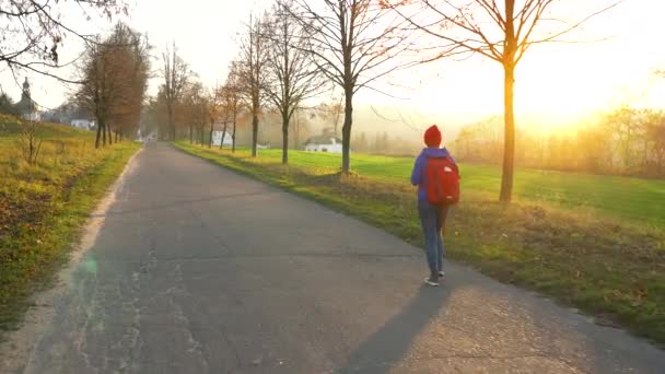 Kvinna resenären med en ryggsäck promenader på vägen i landsbygden och beundrar den omgivande landskapet — Stockvideo