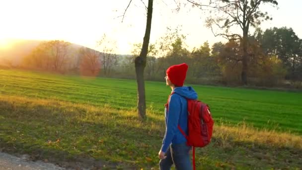 Женщина путешественник с рюкзаком прогулки по дороге в сельской местности и восхищается окружающим пейзажем — стоковое видео