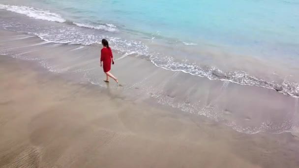 Vista aérea de una chica en un vestido rojo caminando por la playa con arena negra. Tenerife, Islas Canarias, España — Vídeos de Stock