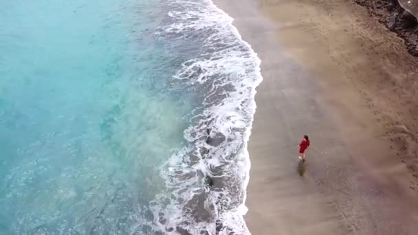 Vista aérea de uma menina em um vestido vermelho andando na praia com areia preta. Tenerife, Ilhas Canárias, Espanha — Vídeo de Stock