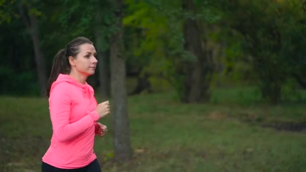 Primer plano de una mujer corriendo por un parque de otoño al atardecer. Movimiento lento — Vídeo de stock