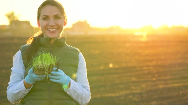 Kvinnliga jordbrukare står med ett urval av plantor i handen på att plantera den i jorden. — Stockvideo