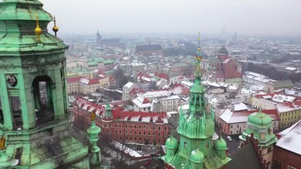 Luchtfoto van Wawel Koninklijk kasteel en kathedraal, Wisła, park, promenade en wandelende mensen in de winter. Polen — Stockvideo