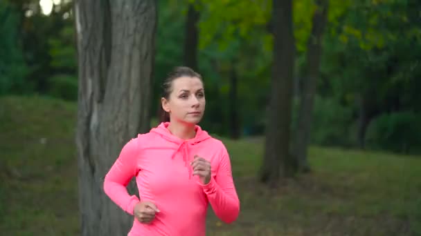 Gros plan d'une femme courant dans un parc d'automne au coucher du soleil. Mouvement lent — Video