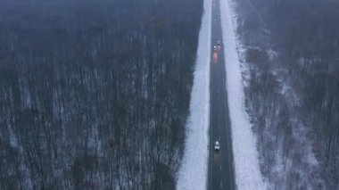 Şiddetli hava kış ormanda geçen yol üzerinde trafik havadan görünümü