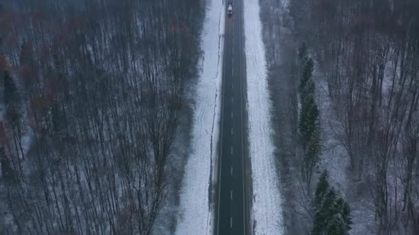 Vista aérea del tráfico en la carretera que pasa a través del bosque de invierno en clima severo — Vídeo de stock