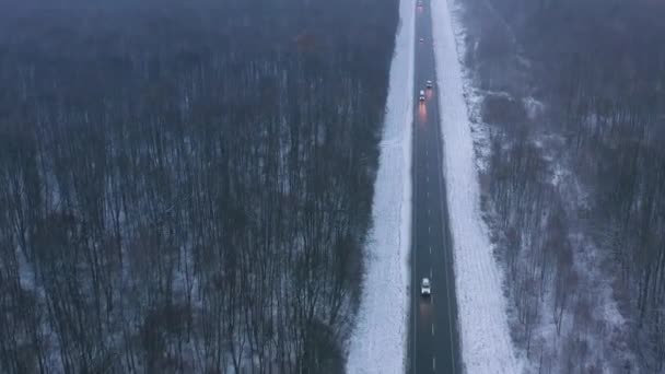 Vista aérea del tráfico en la carretera que pasa a través del bosque de invierno en clima severo — Vídeo de stock