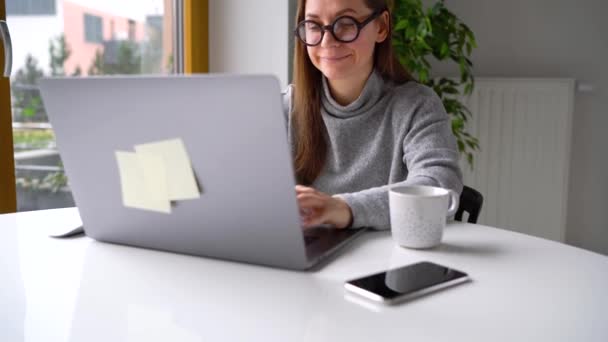 Heim Und Kommunikationskonzept Frau Sitzt Hause Büro Und Arbeitet Laptop — Stockvideo