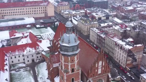 Havadan Görünümü Krakow Tarihi Merkezi Kilise Wawel Royal Castle Kışın — Stok video