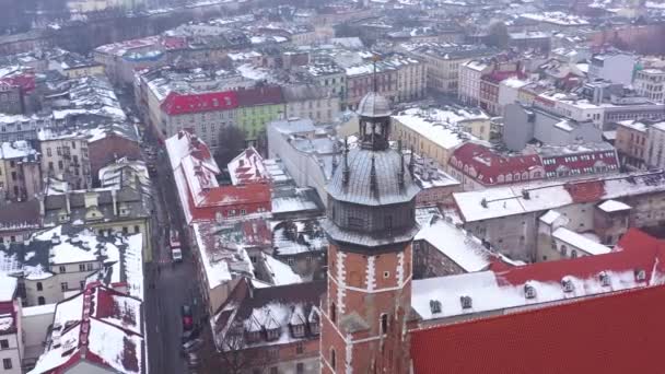 克拉科夫 Krakow 历史中心 瓦维尔皇家城堡的鸟图 冬天的老城区 — 图库视频影像