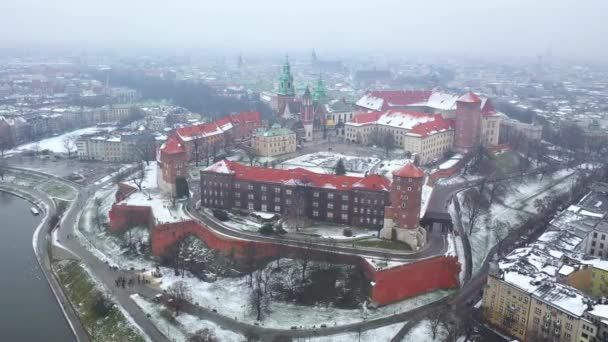 Vista aérea del castillo real de Wawel y la catedral, el río Vístula, el parque, el paseo marítimo y las personas que caminan en invierno. Polonia — Vídeos de Stock