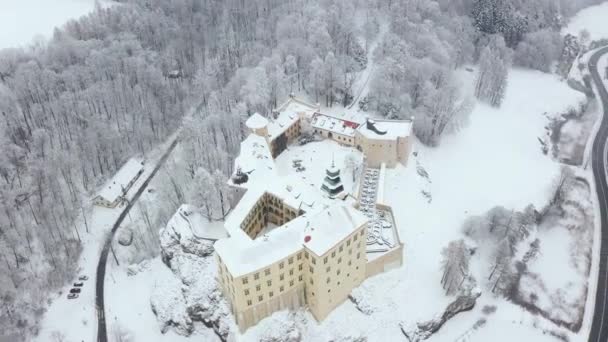 Vista aérea oh histórico castillo renacentista Pieskowa Skala cerca de Cracovia en Polonia en invierno — Vídeo de stock