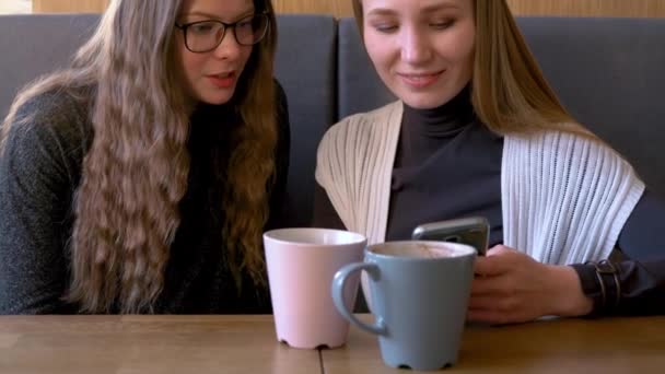 Dois amigos mulher no café usando telefone celular e se divertir se comunicando — Vídeo de Stock