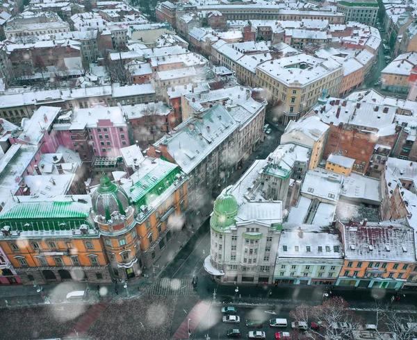 Pandangan udara dari pusat sejarah Lviv di musim dingin, UNESCO — Stok Foto