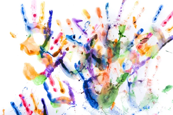 A lot of multicolored hand prints on white — Stock Photo, Image