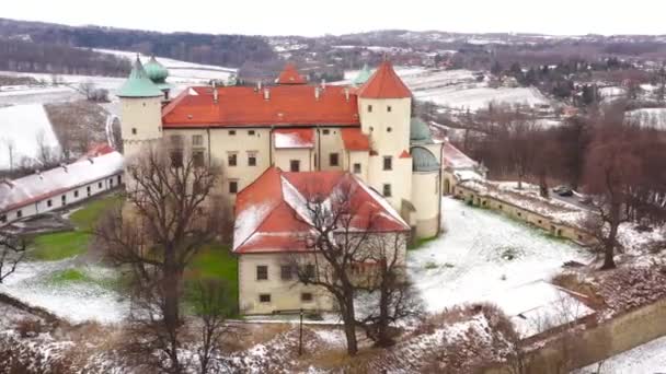 Uitzicht vanaf de hoogte van het kasteel in Nowy Wisnicz in de winter, Polen — Stockvideo