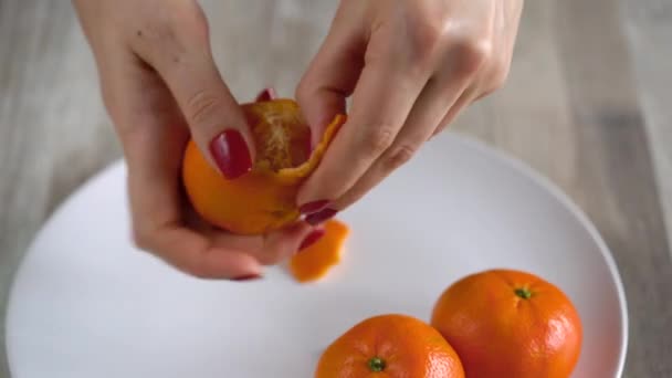 Жіночі руки очищають шкірку від мандарина, скибочки мандарина намотують на тарілку — стокове відео