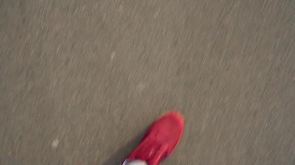 Ovanifrån av mens ben i röda sneakers promenader på asfalt — Stockvideo