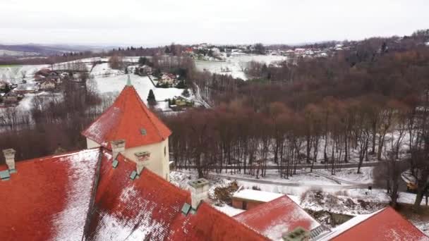 Utsikt från höjden på slottet i Nowy Wisnicz vintertid, Polen — Stockvideo