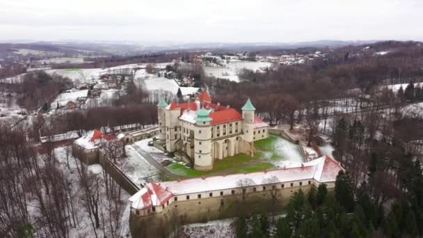 Widok z wysokości na zamku w nowym Wisniczu zimą, Polska — Wideo stockowe