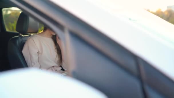 Geschäftsfrau spricht mit Smartphone und macht sich Notizen in der Molkerei im Auto — Stockvideo