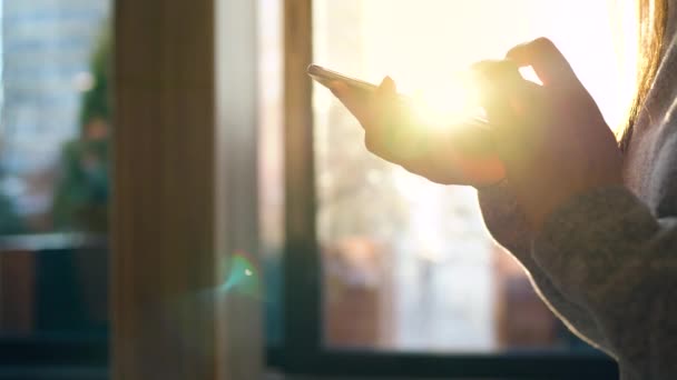 Vrouwelijke handen met smartphone tegen een wazig stadsgezicht in de ondergaande zon — Stockvideo