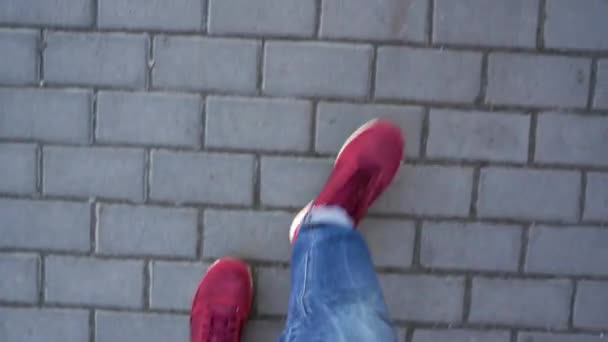 Bovenaanzicht van mannelijke benen in sneakers, die gaan langs het trottoir, ontmoeten van vrouwelijke benen in laarzen en dan lopen samen — Stockvideo