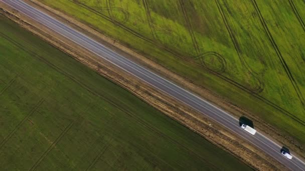 Vue du dessus d'une voiture conduisant le long d'une route rurale entre deux champs — Video