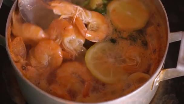 Los camarones se cocinan en una cacerola con limón y especias — Vídeo de stock